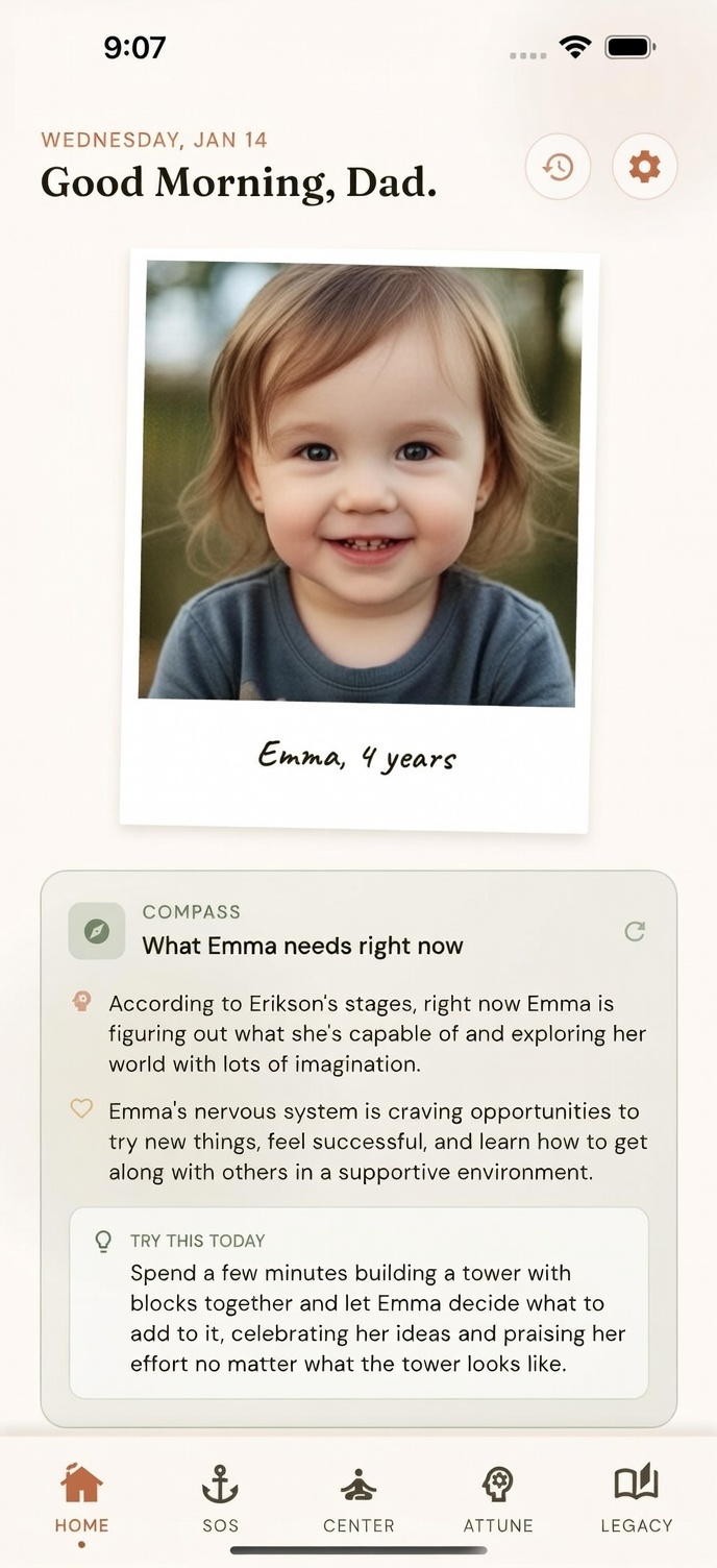 DadAnchor daily anchor screen showing personalized parenting advice